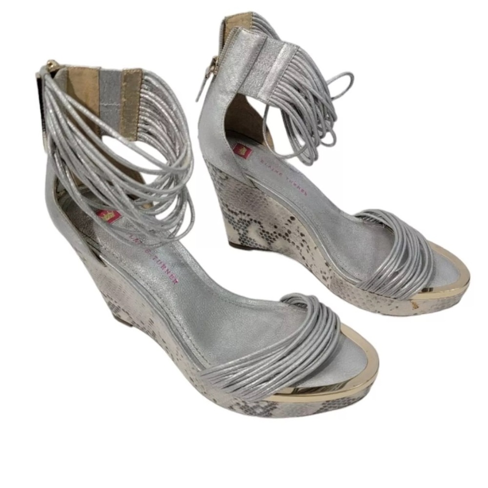 Elaine Turner Silver Metallic Snake-Print Wedge Sandals